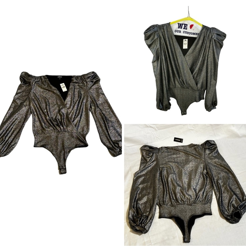 ✨NWT✨ EXPRESS Silver Puff Sleeve Faux Wrap Bodysuit | Size Small